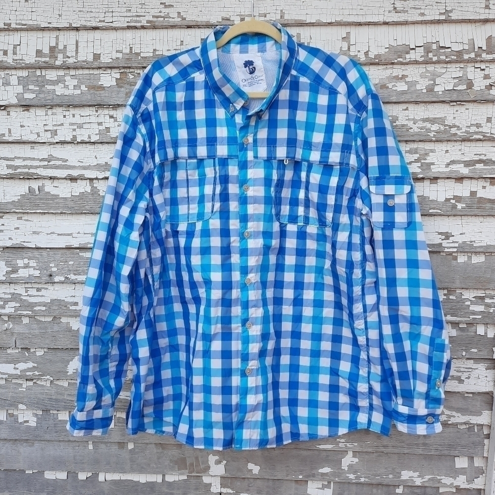 🌟 Ocean & Coast Fishing Shirt Blue Plaid Mens Size XXL Vented